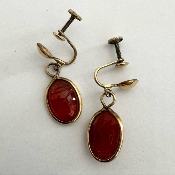 Vintage 12K Yellow Gold Carnelian Scarab Beetle Screw Back Dangle Earrings - Picture 1 of 6